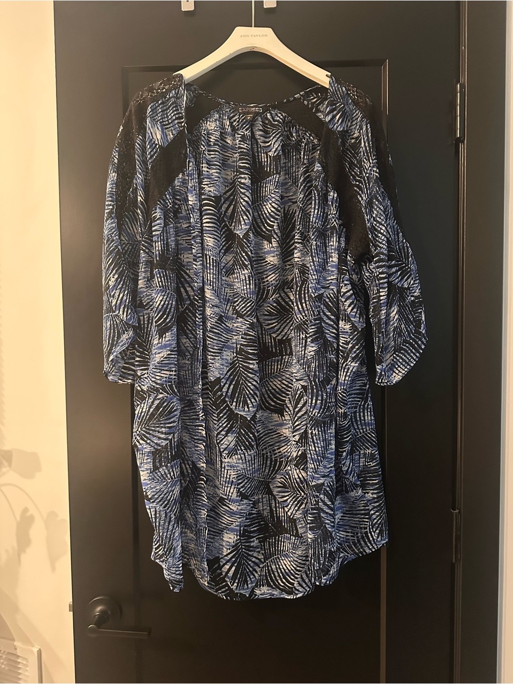 Express Blue and Black Leaf-Print Tunic